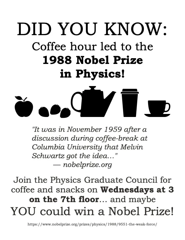 Flyer advertising coffee hour on Wednesdays at 3 pm on the 7th floor of Pupin Hall