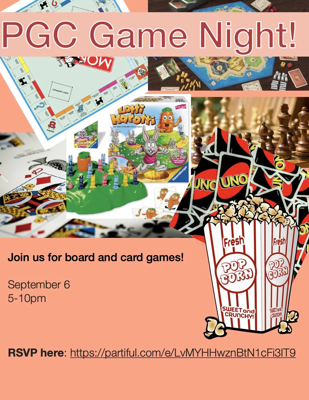 Flyer showing that the PGC Game Night will be hosted September 6 from 5-10 pm with a rsvp link.