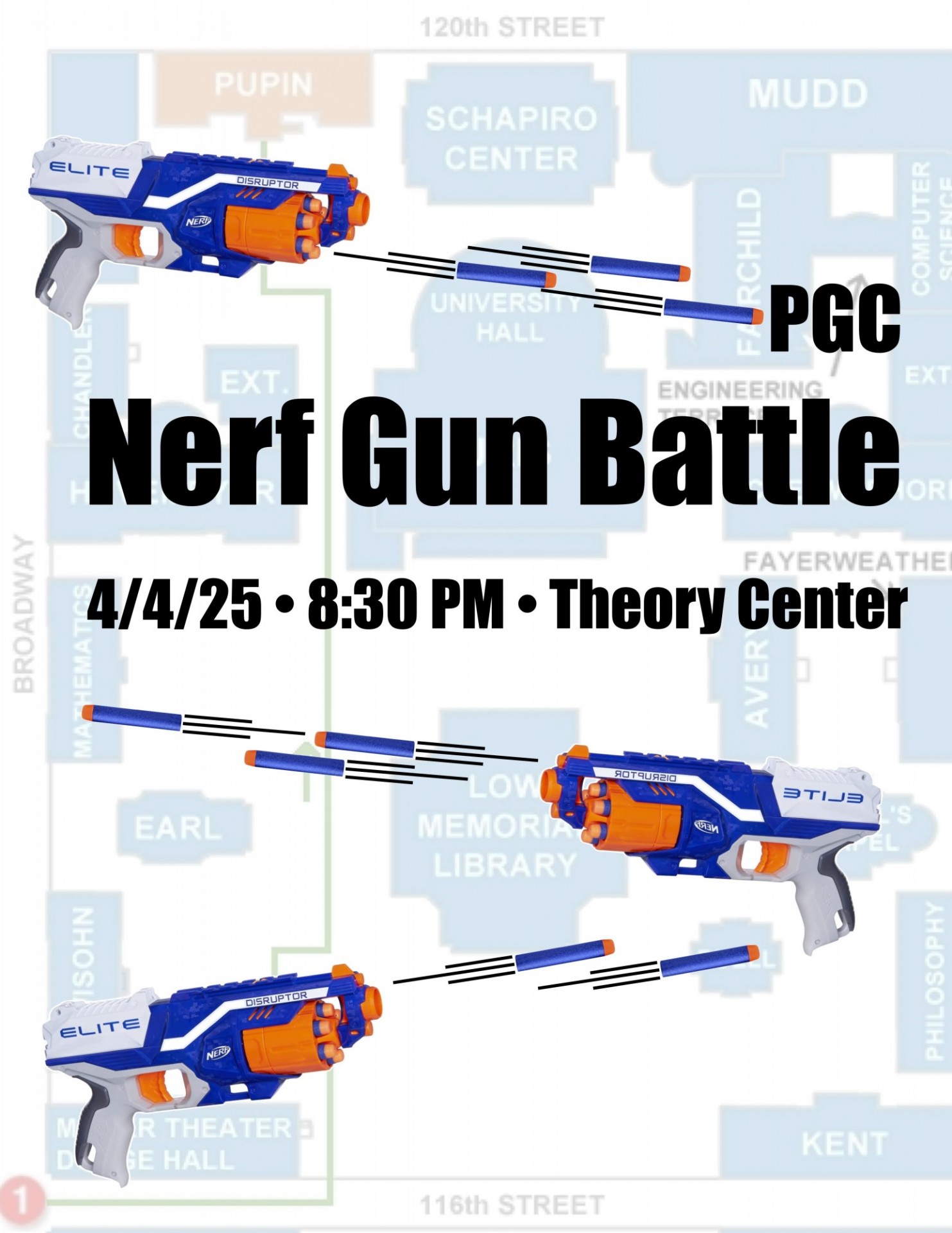 Poster advertising a PGC Nerf Gun Battle on 4/4 at 8:30 pm in the Theory Center